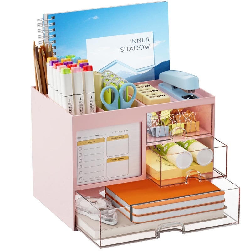 Marbrasse Desk Organizer with 3 Drawer, Multi-Functional Pencil Pen Holder for Desk, Desk Organizers and Accessories with 4 Compartments, Desktop Organizer Storage for Office Home Art Supplies (Pink) - Image 1